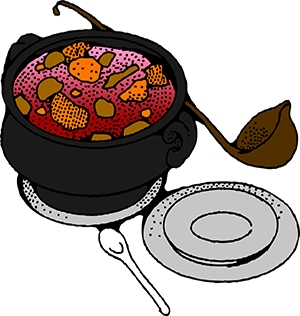 Soup in crock with ladle plate and dinner spoon from OpenClipArt.org
